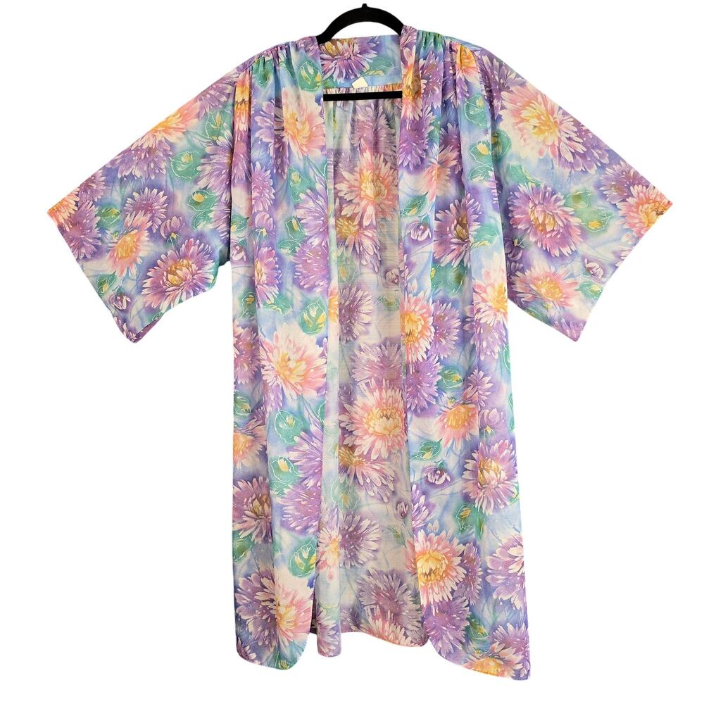 VTG 80s Floral Kimono Robe Womens 14.5 Sheer Watercolor Duster Lounge Coquette